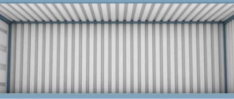 A blue shipping container with the whole side panel removed revealing an empty interior on an isolated white background - 3D render